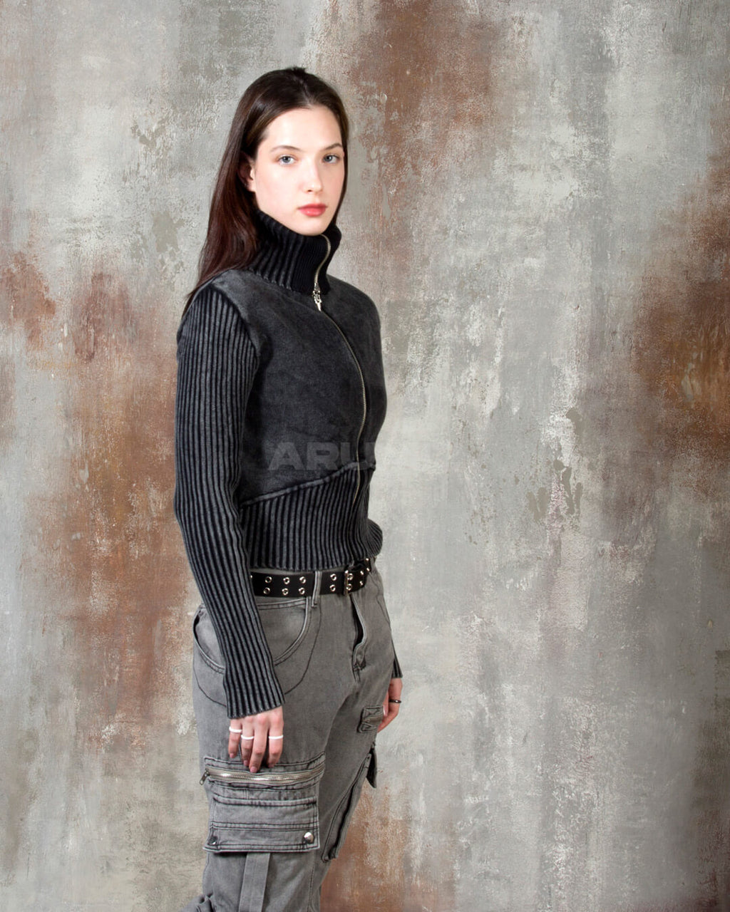 Vintage Washed Rib Knit High-Neck Cropped Zip-Up Jacket