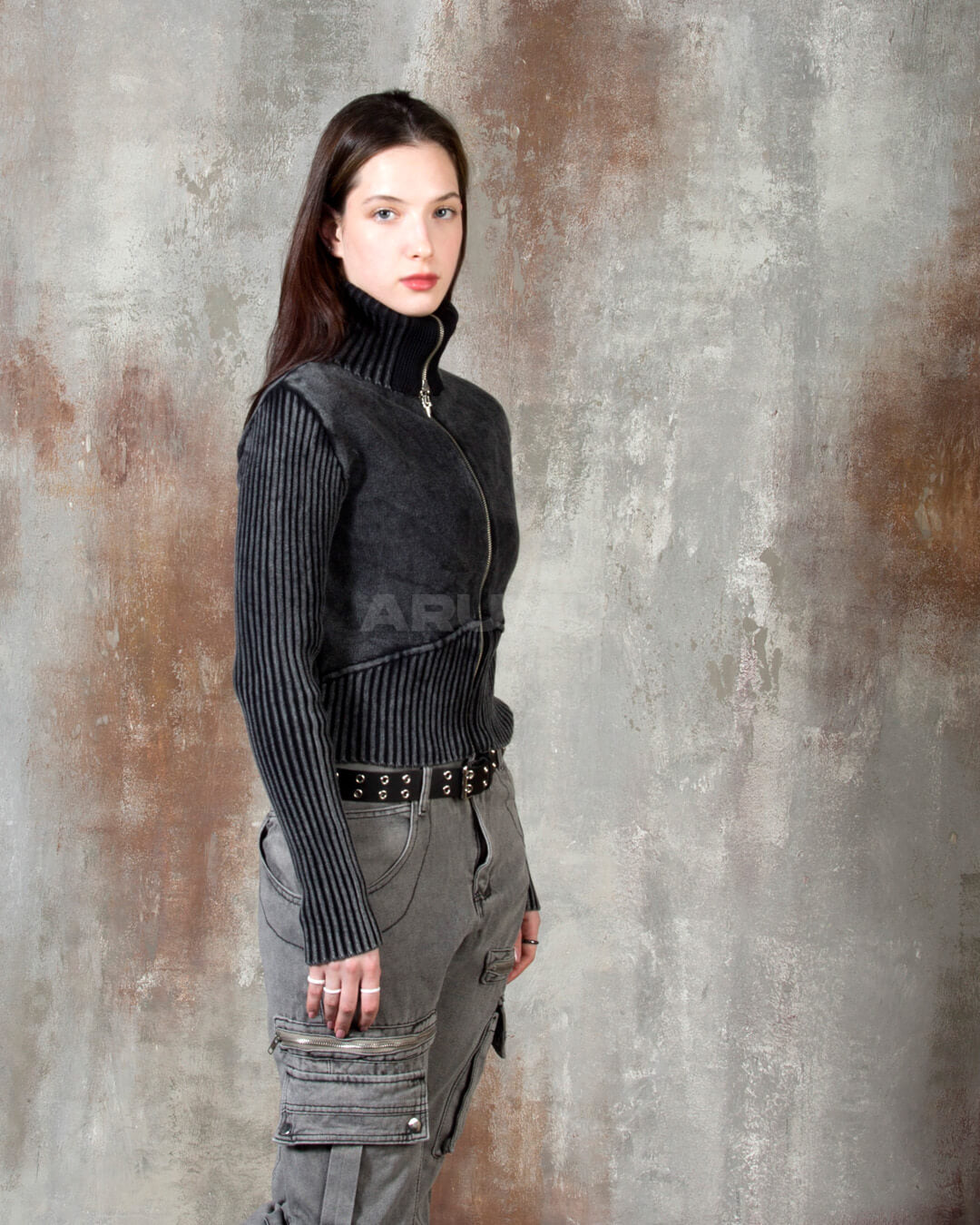 Vintage Washed Rib Knit High-Neck Cropped Zip-Up Jacket