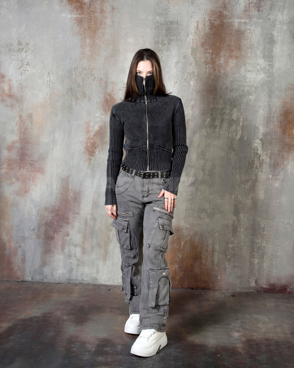 Vintage Washed Zipper Cargo Bootcut Pants