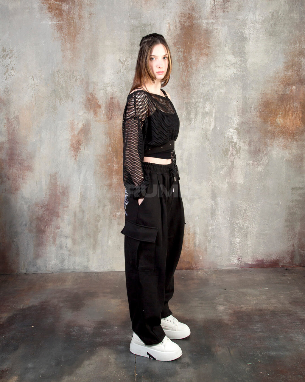 Eyelet Strap Mesh Sheer Off-Shoulder Cropped Top