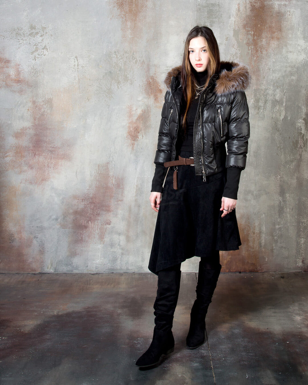 Asymmetric Suede Flared Belt Skirt