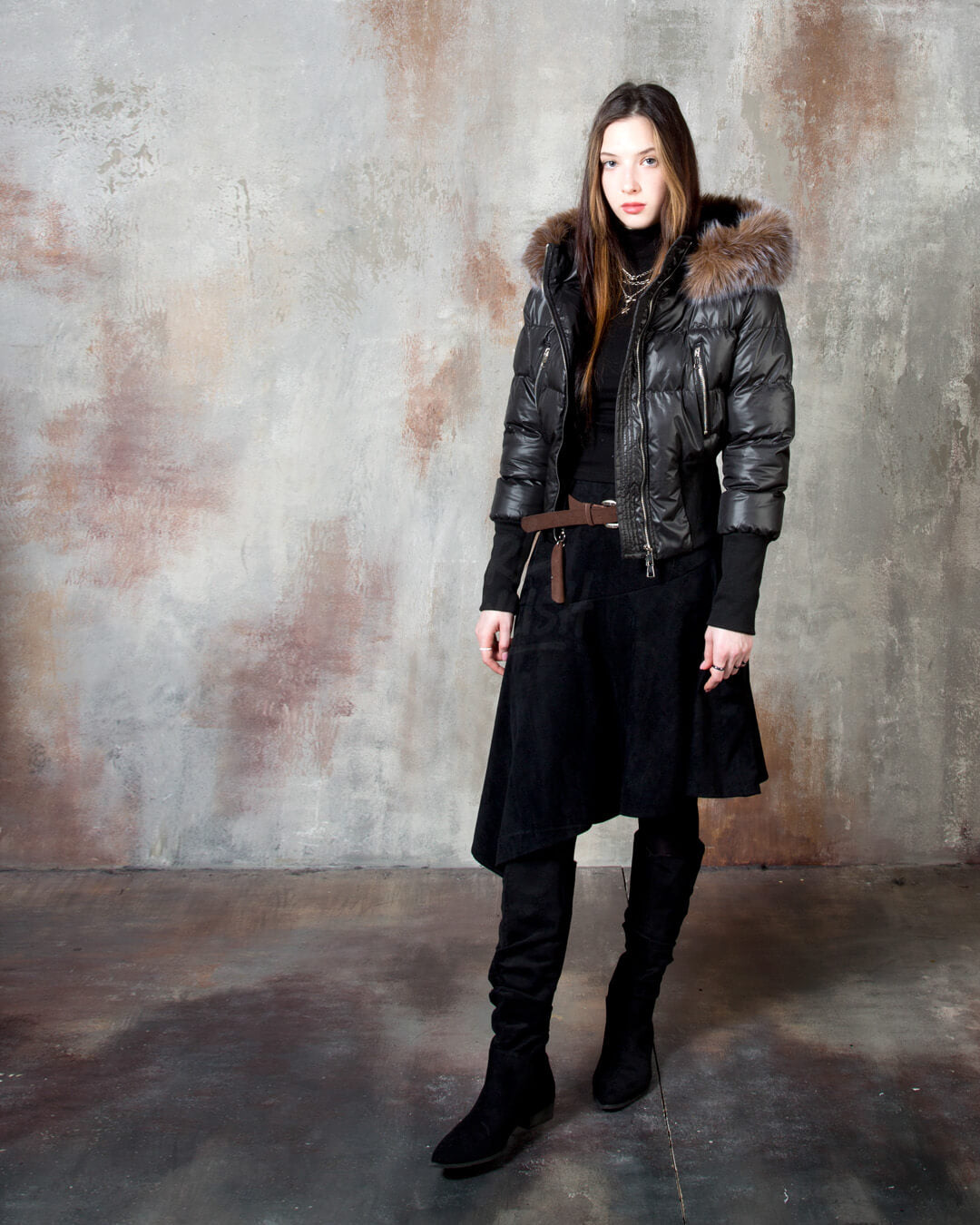 Asymmetric Suede Flared Belt Skirt