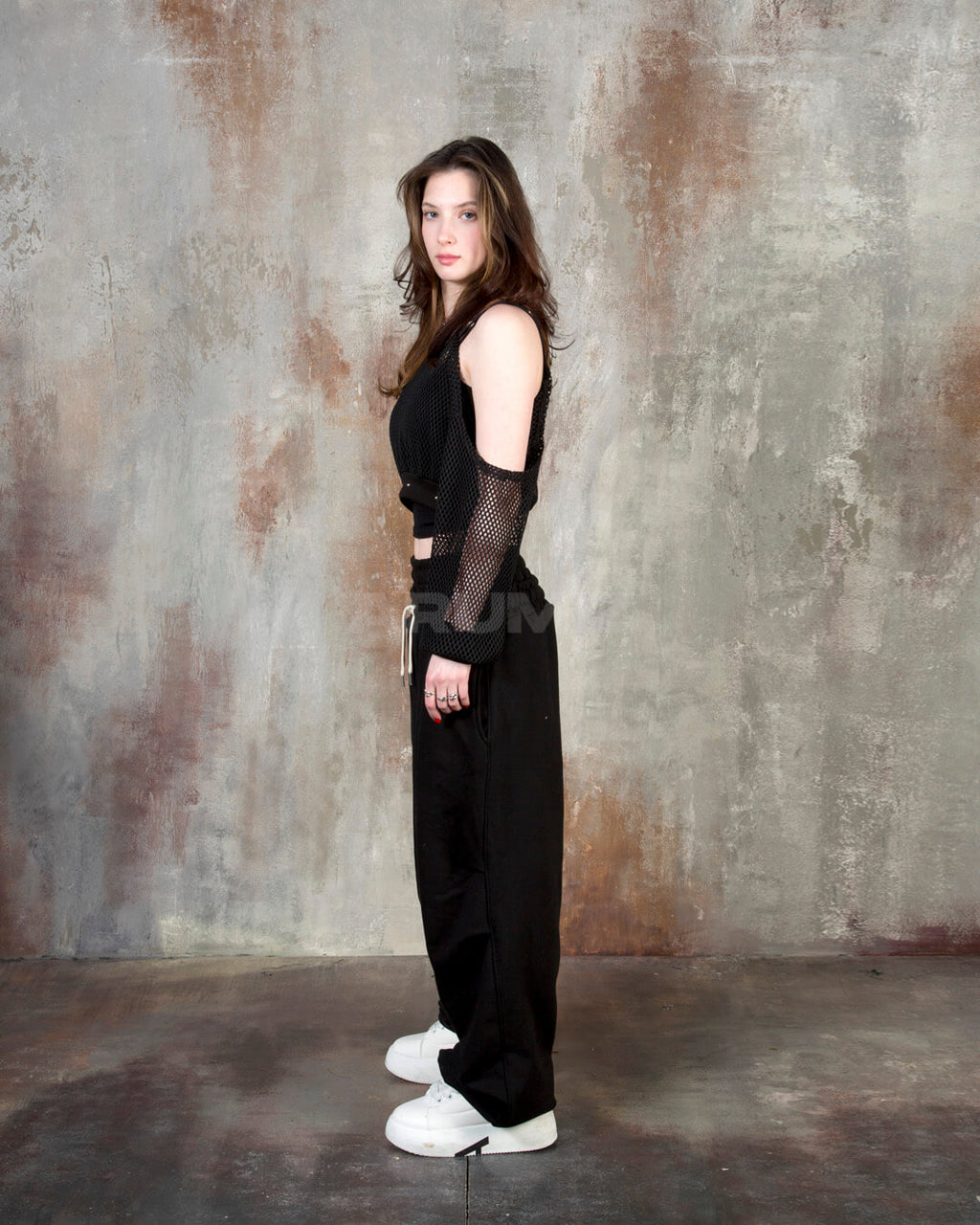 Contrast Drawstring Layered Sagging Wide-Leg Cotton Pants