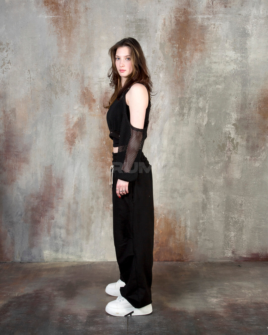 Contrast Drawstring Layered Sagging Wide-Leg Cotton Pants