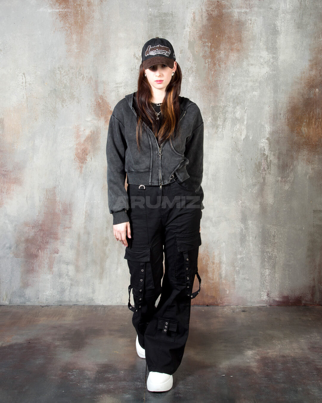 Vintage Washed Asymmetric Panel Crop Zip-Up Hoodie