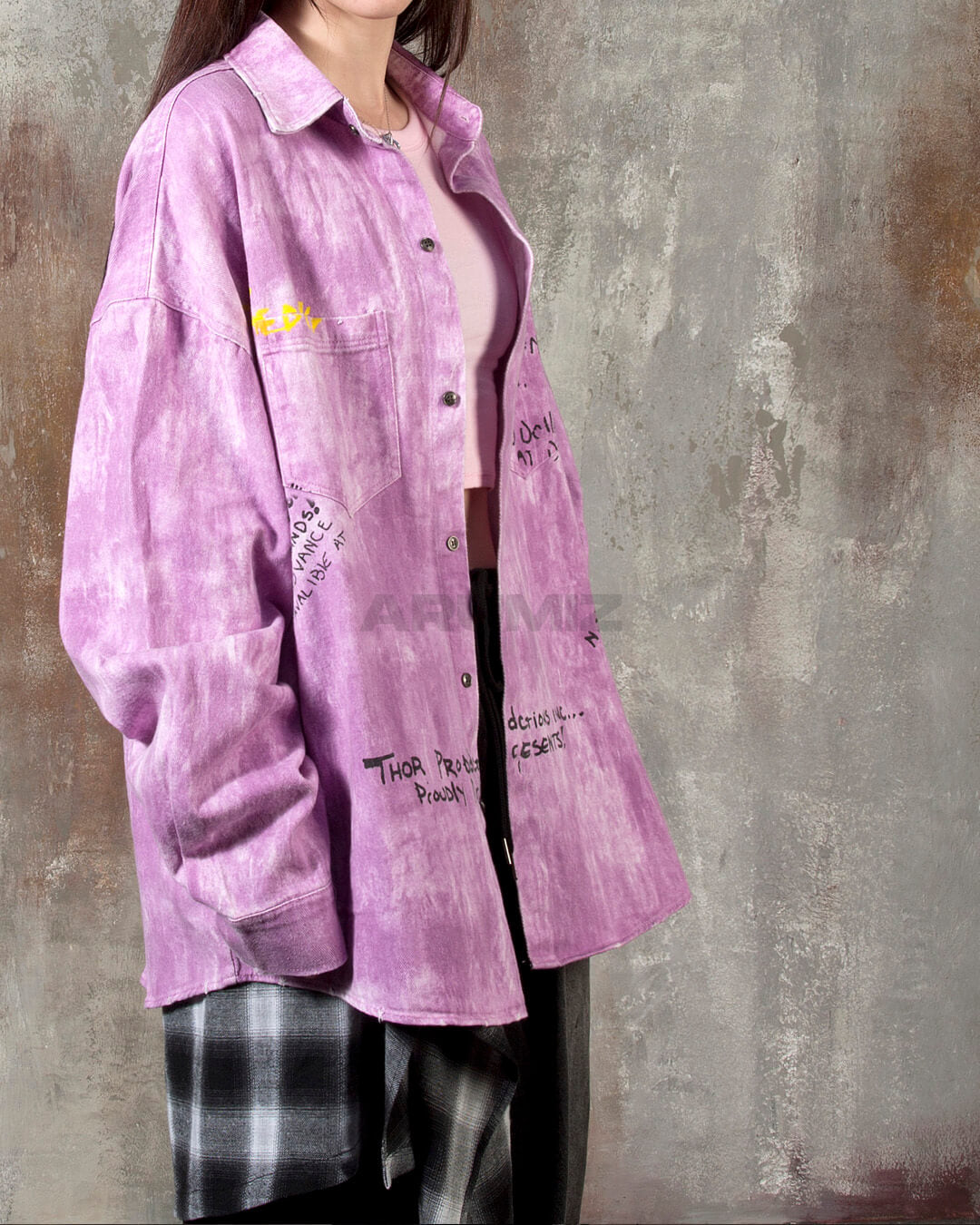 Vintage Washed Graffiti Print Oversized Cotton Shirt