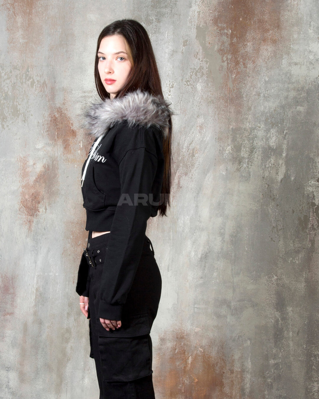 Fur Trim Off-Shoulder Cropped Zip-Up Hoodie