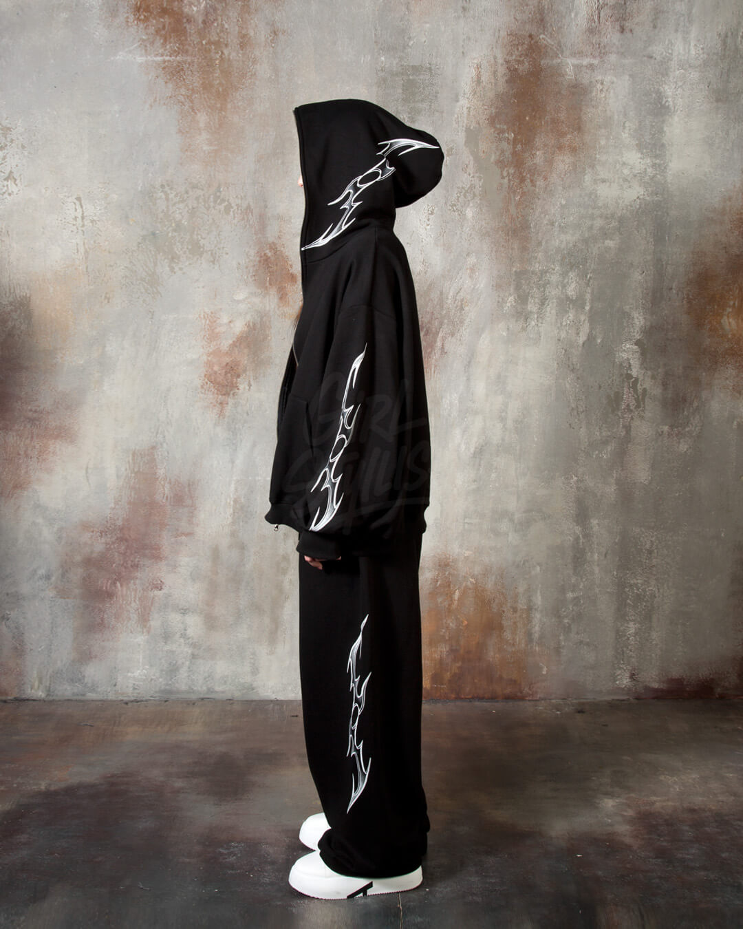 Black Tribal Print Drawstring Wide-Leg Pants