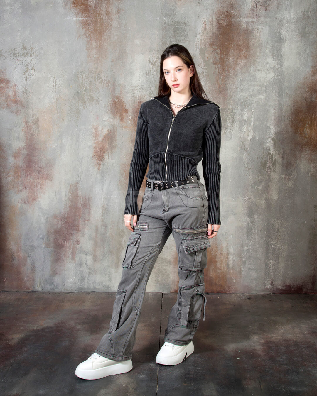 Vintage Washed Zipper Cargo Bootcut Pants