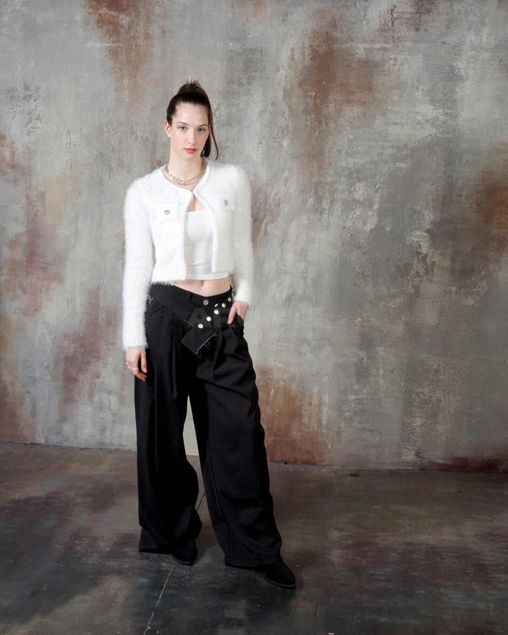 Stud Button Belt Pintuck Wide-Leg Slacks Pants