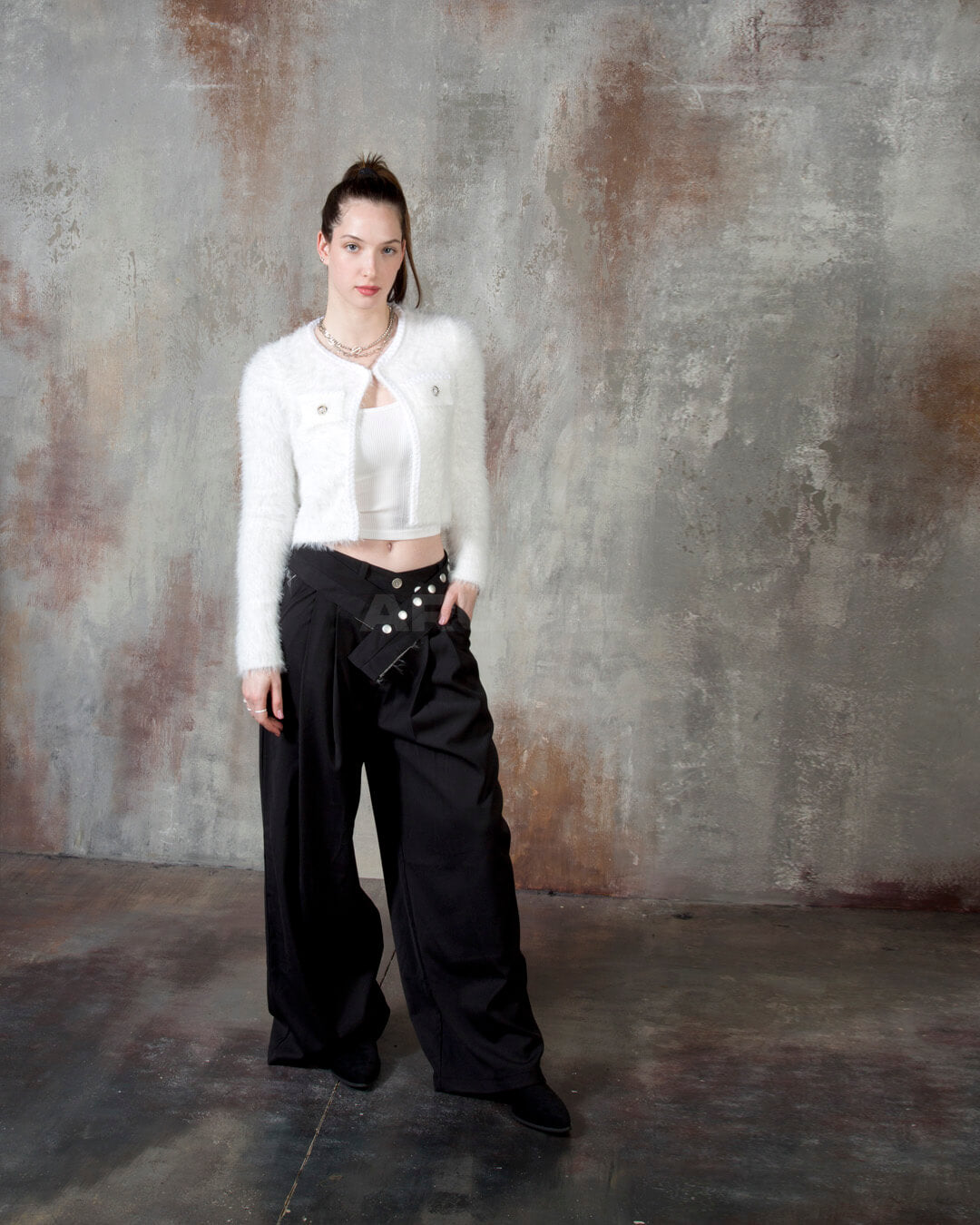 Stud Button Belt Pintuck Wide-Leg Slacks Pants