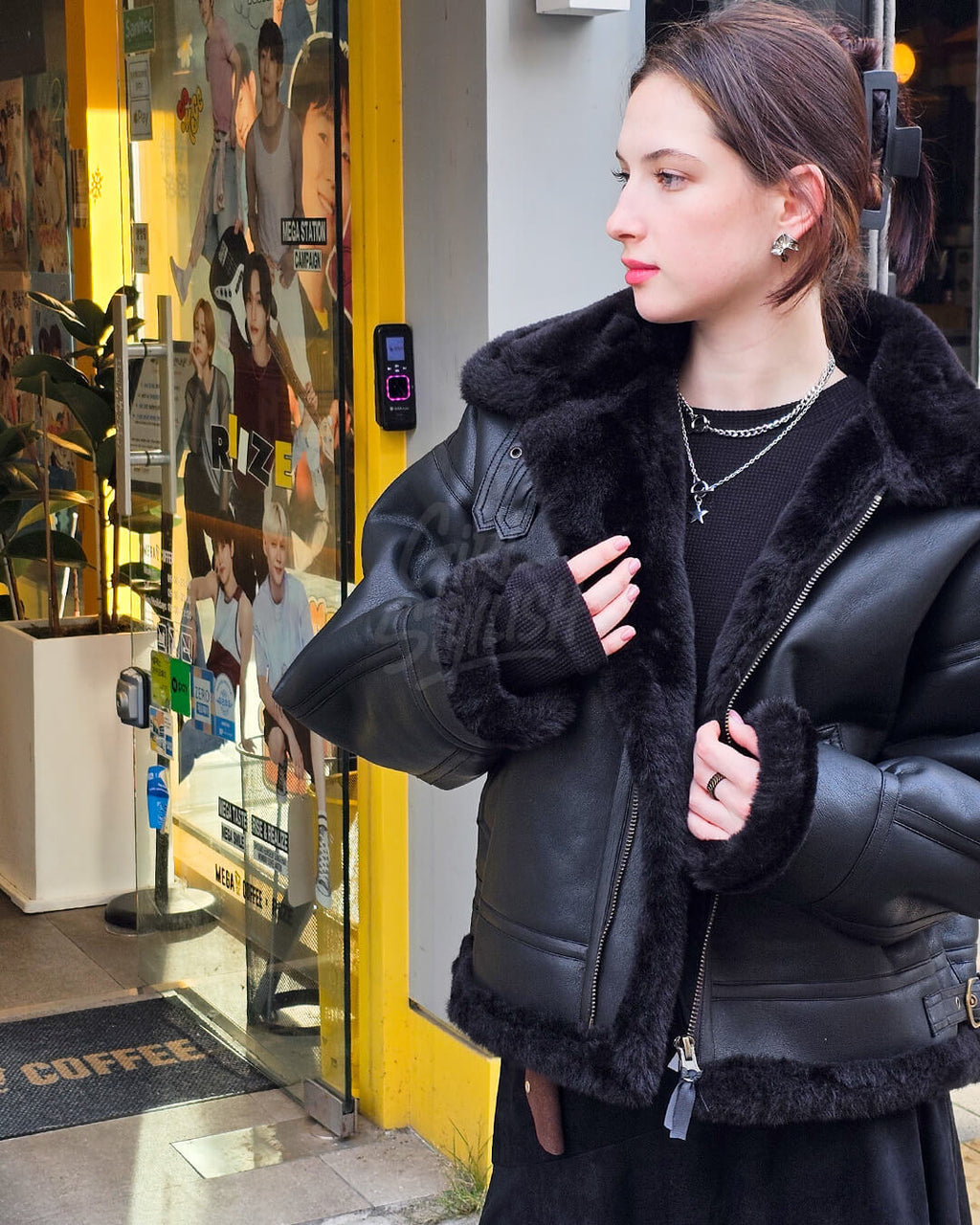 Black Oversized Shearling Leather Jacket