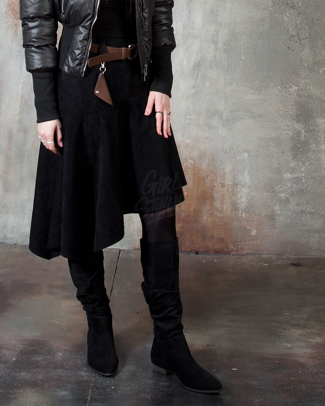 Asymmetric Suede Flared Belt Skirt
