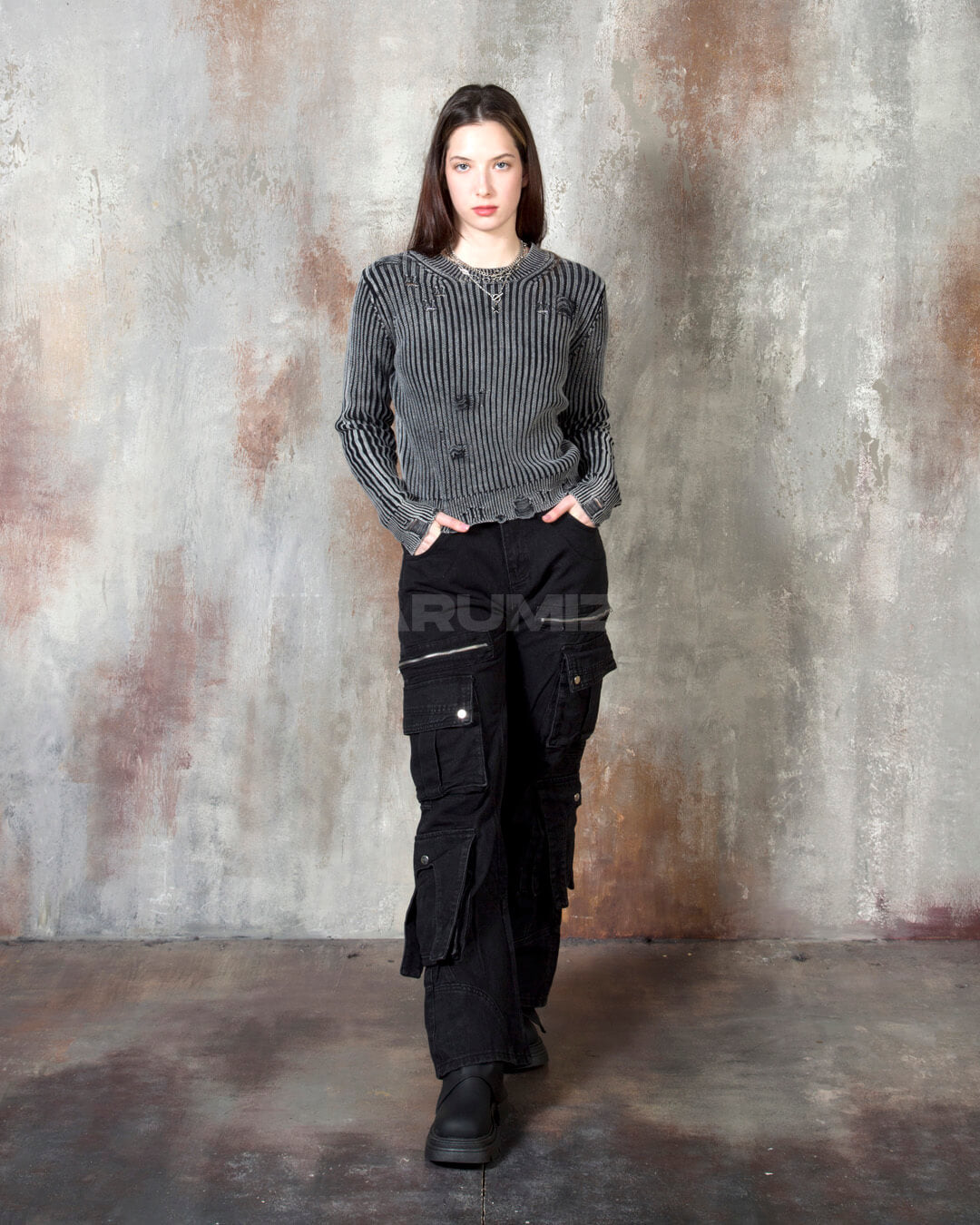 Distressed Ribbed Cropped Knit Sweater