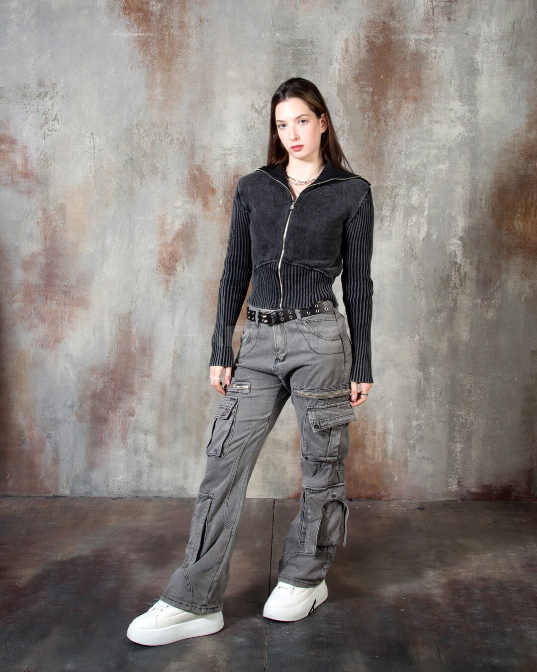 Vintage Washed Rib Knit High-Neck Cropped Zip-Up Jacket
