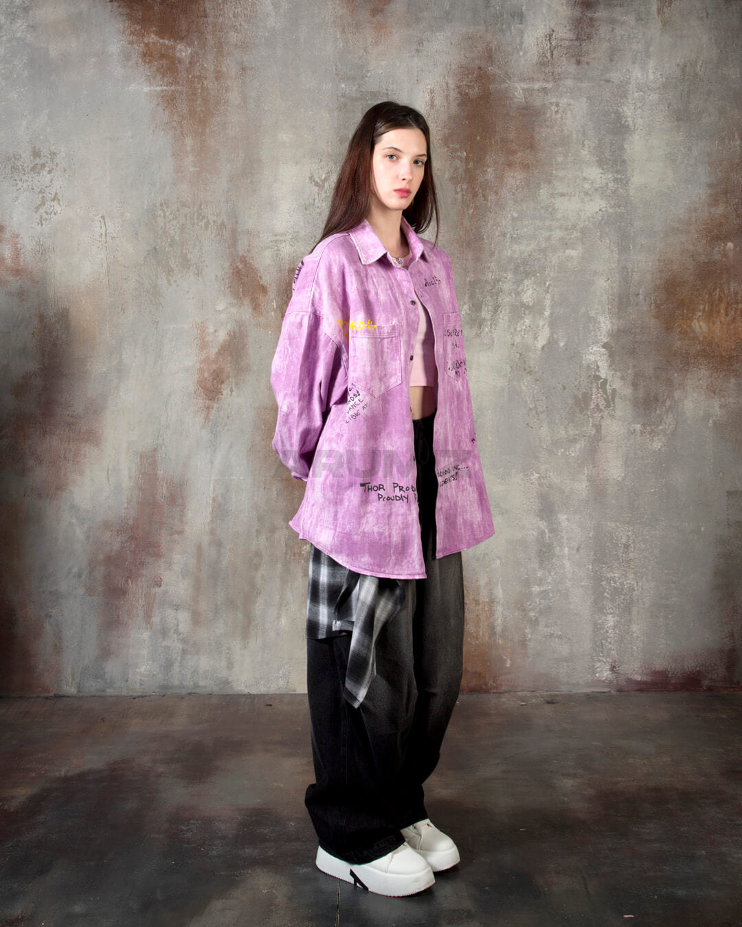 Vintage Washed Graffiti Print Oversized Cotton Shirt