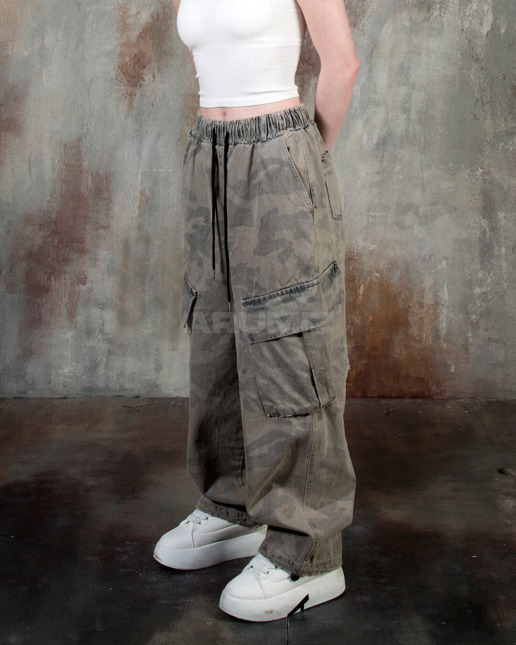 Vintage Camo Washed Wide-Leg Denim Cargo Pants