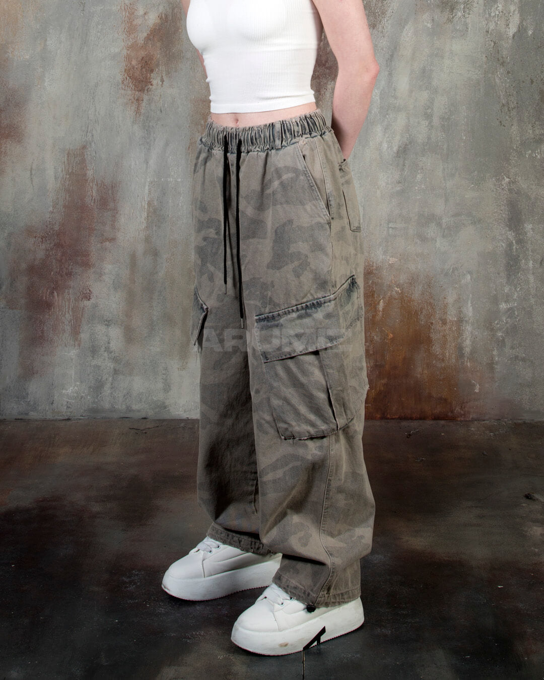 Vintage Camo Washed Wide-Leg Denim Cargo Pants