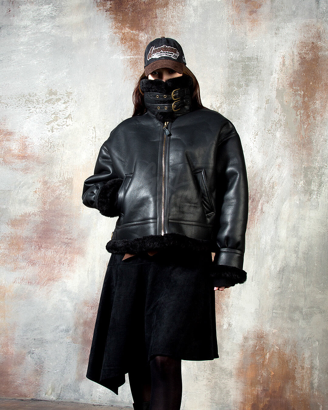 Black Oversized Shearling Leather Jacket