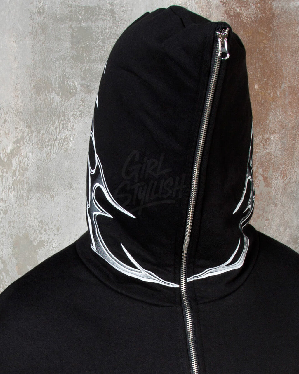 Tribal Print Oversized Black Zip-up Hoodie