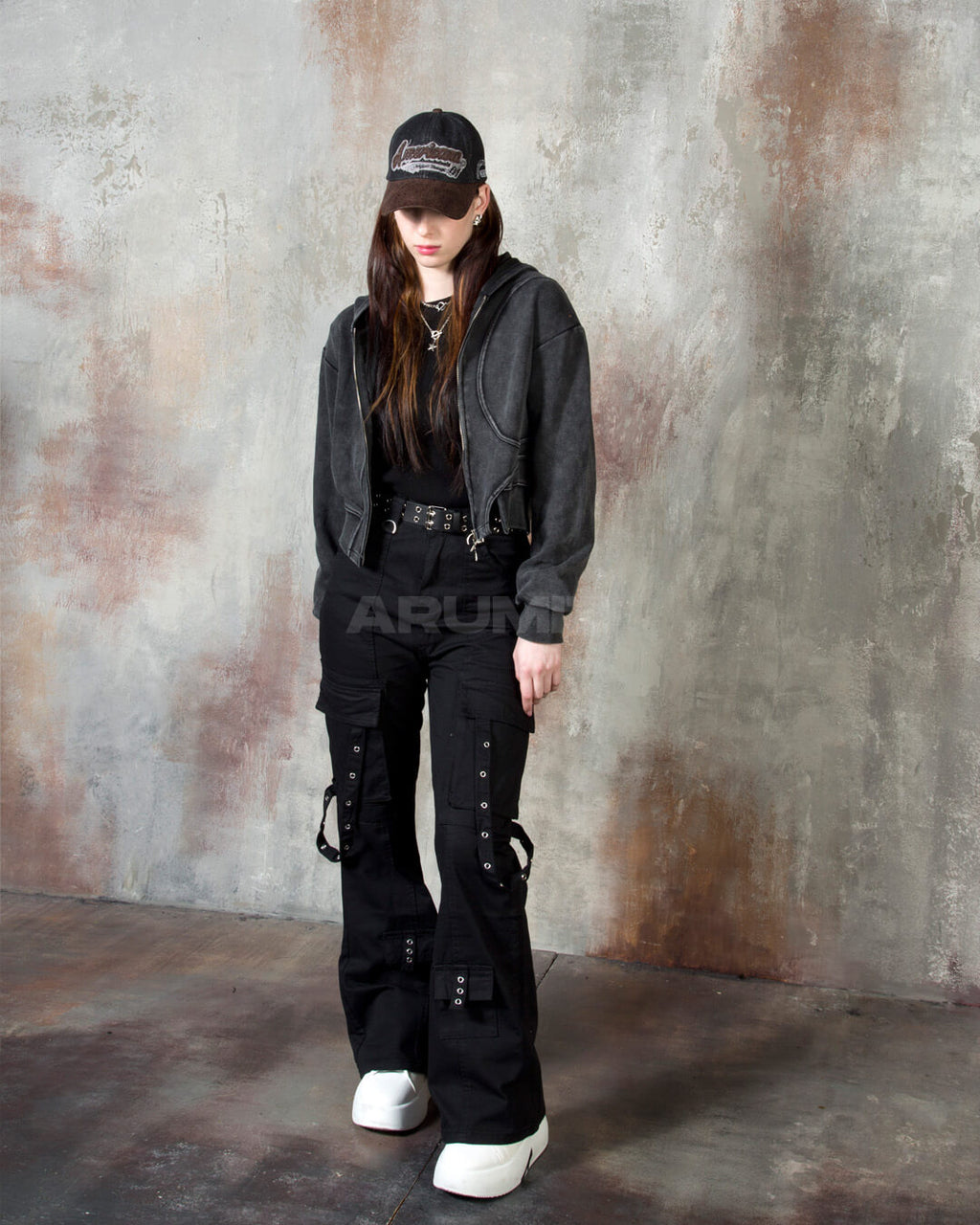 Vintage Washed Asymmetric Panel Crop Zip-Up Hoodie