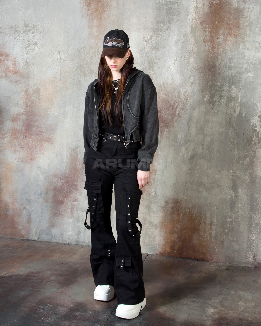 Vintage Washed Asymmetric Panel Crop Zip-Up Hoodie