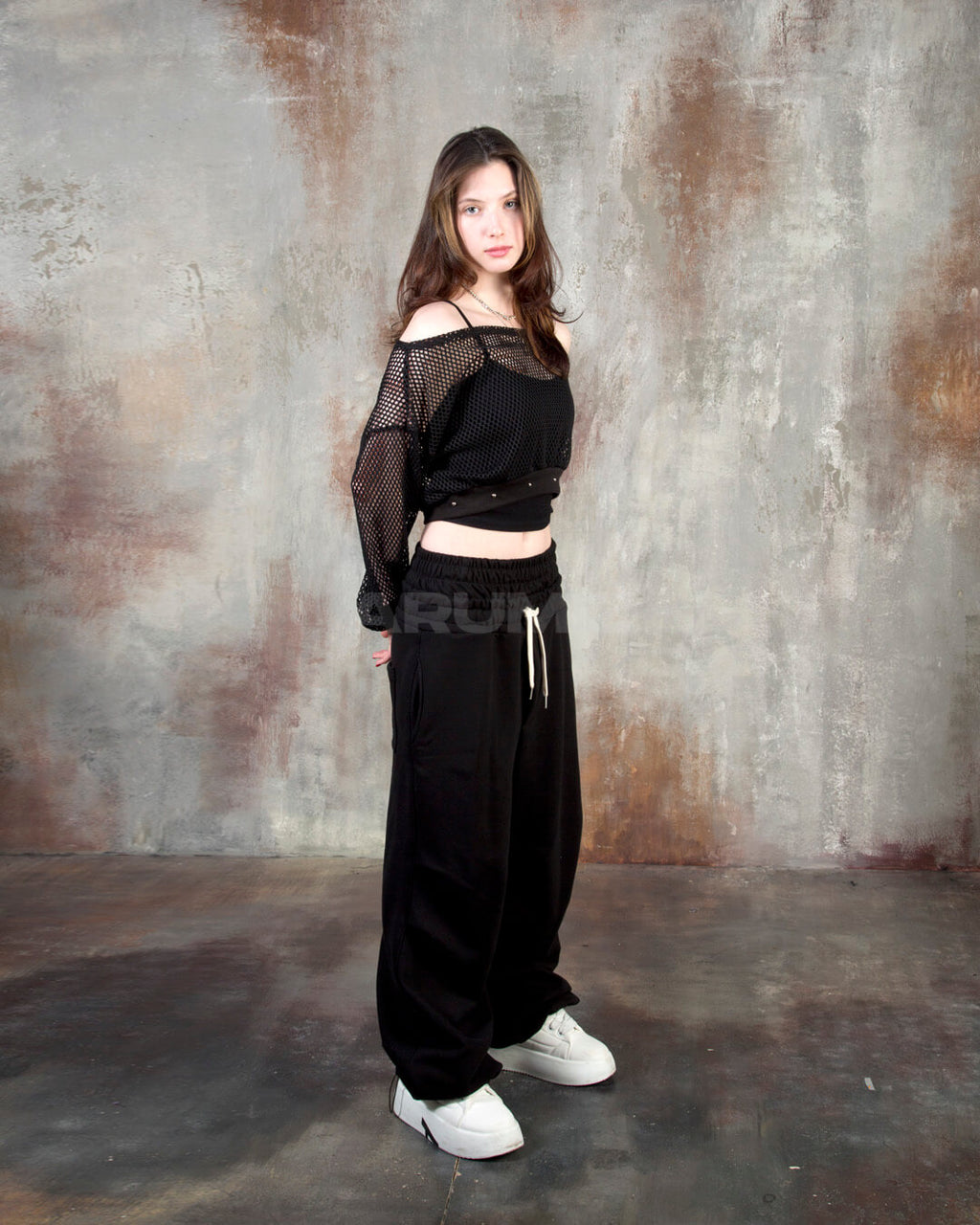 Contrast Drawstring Layered Sagging Wide-Leg Cotton Pants