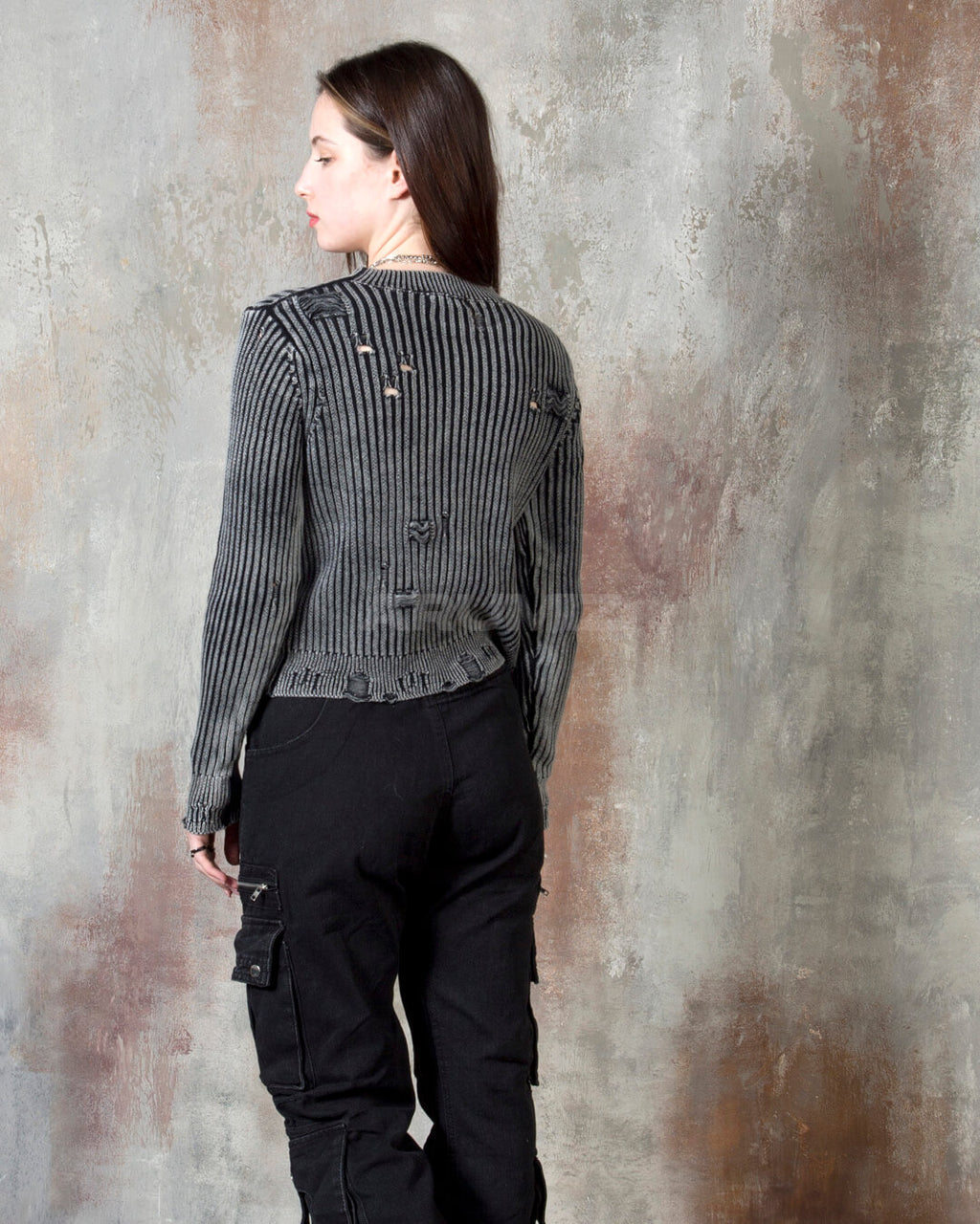 Distressed Ribbed Cropped Knit Sweater