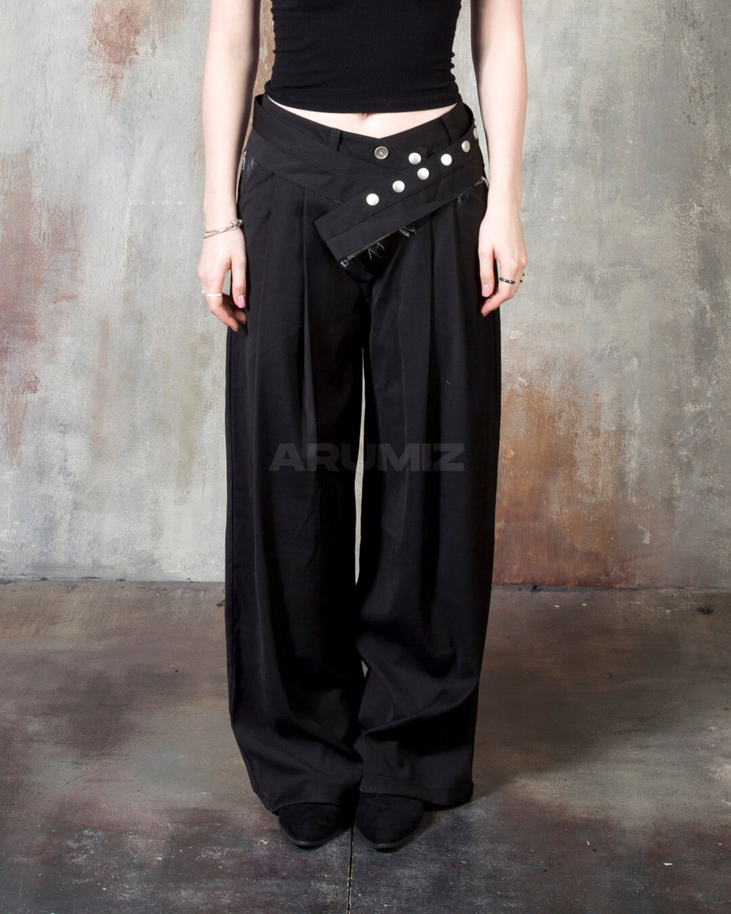 Stud Button Belt Pintuck Wide-Leg Slacks Pants