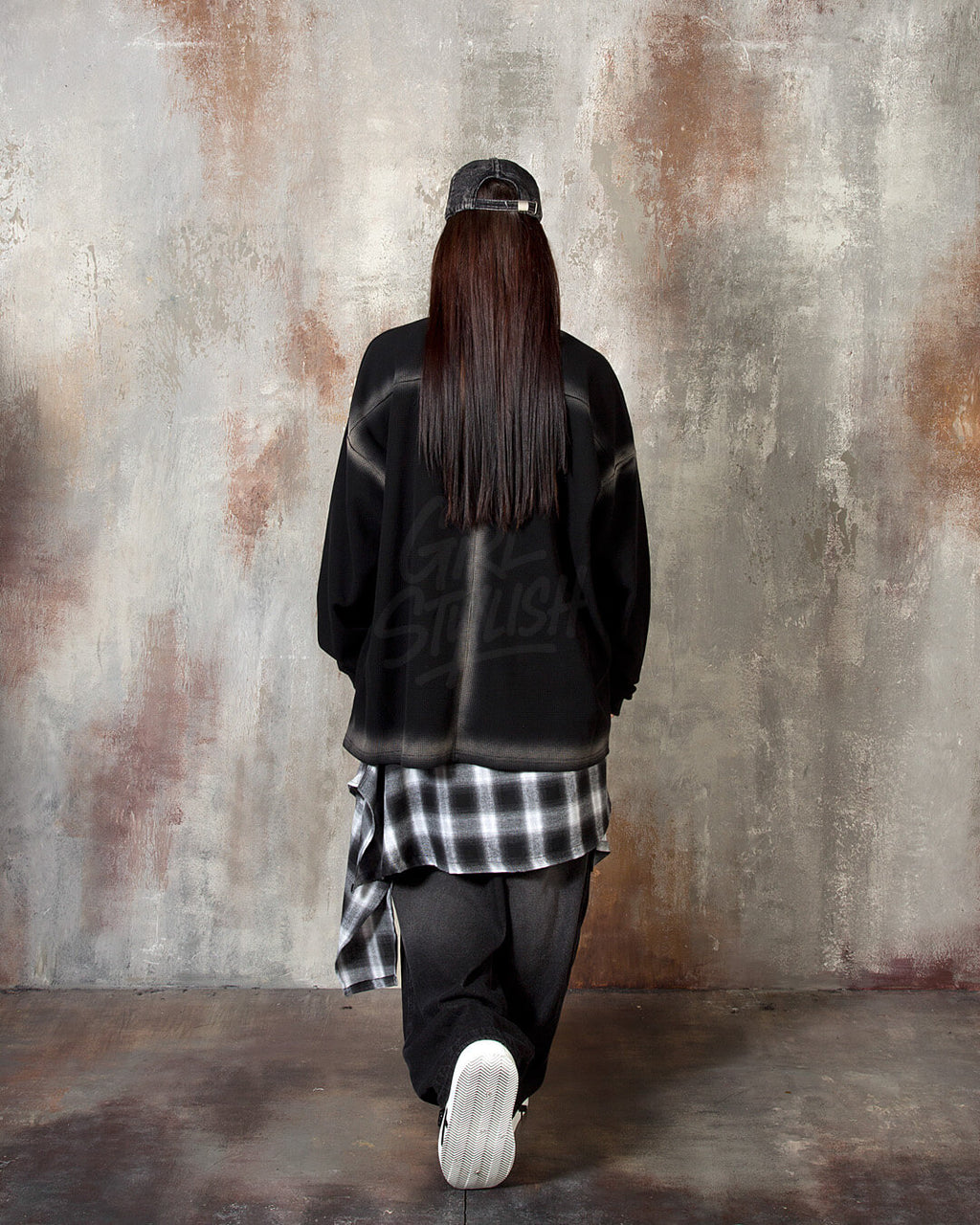 Gradient Line Waffle Black Long Sleeve T-shirt