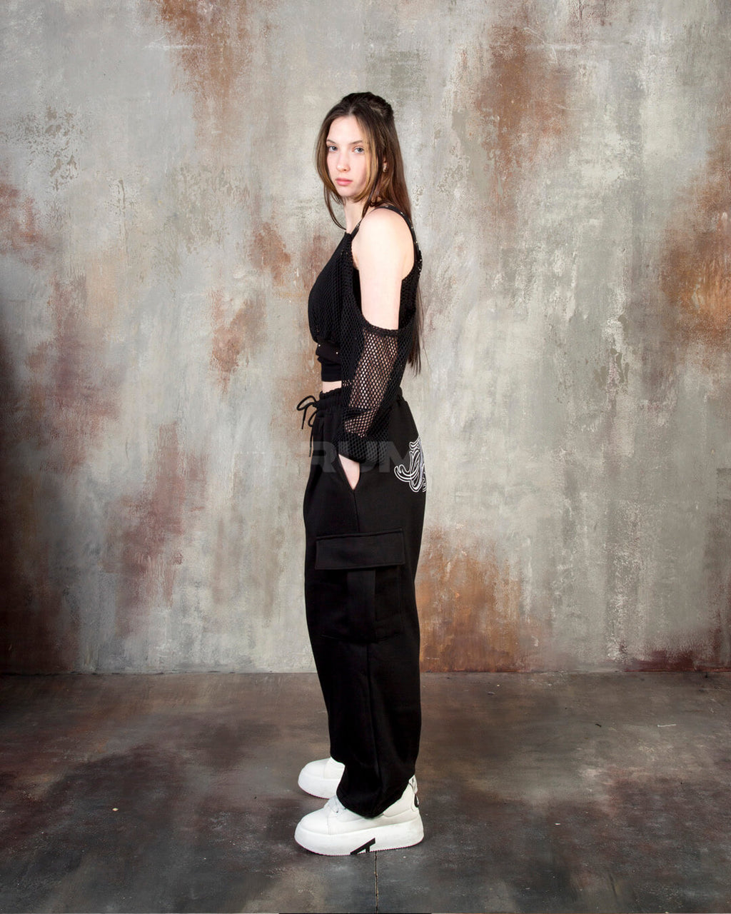 Eyelet Strap Mesh Sheer Off-Shoulder Cropped Top