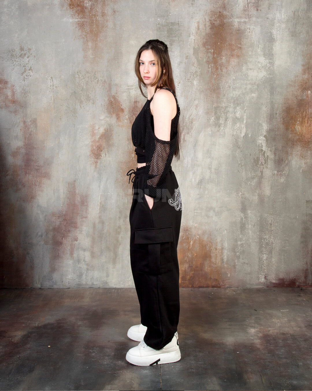 Eyelet Strap Mesh Sheer Off-Shoulder Cropped Top