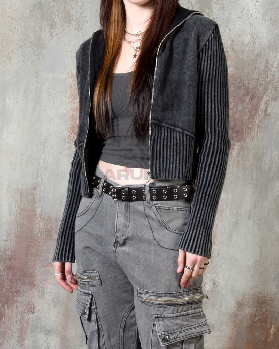 Vintage Washed Rib Knit High-Neck Cropped Zip-Up Jacket