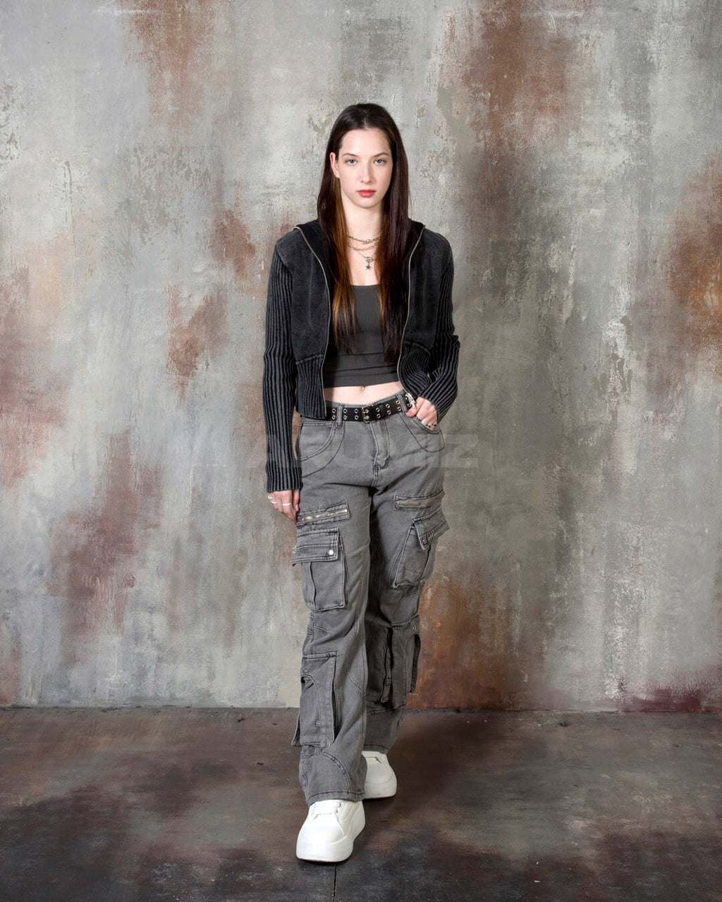 Vintage Washed Zipper Cargo Bootcut Pants
