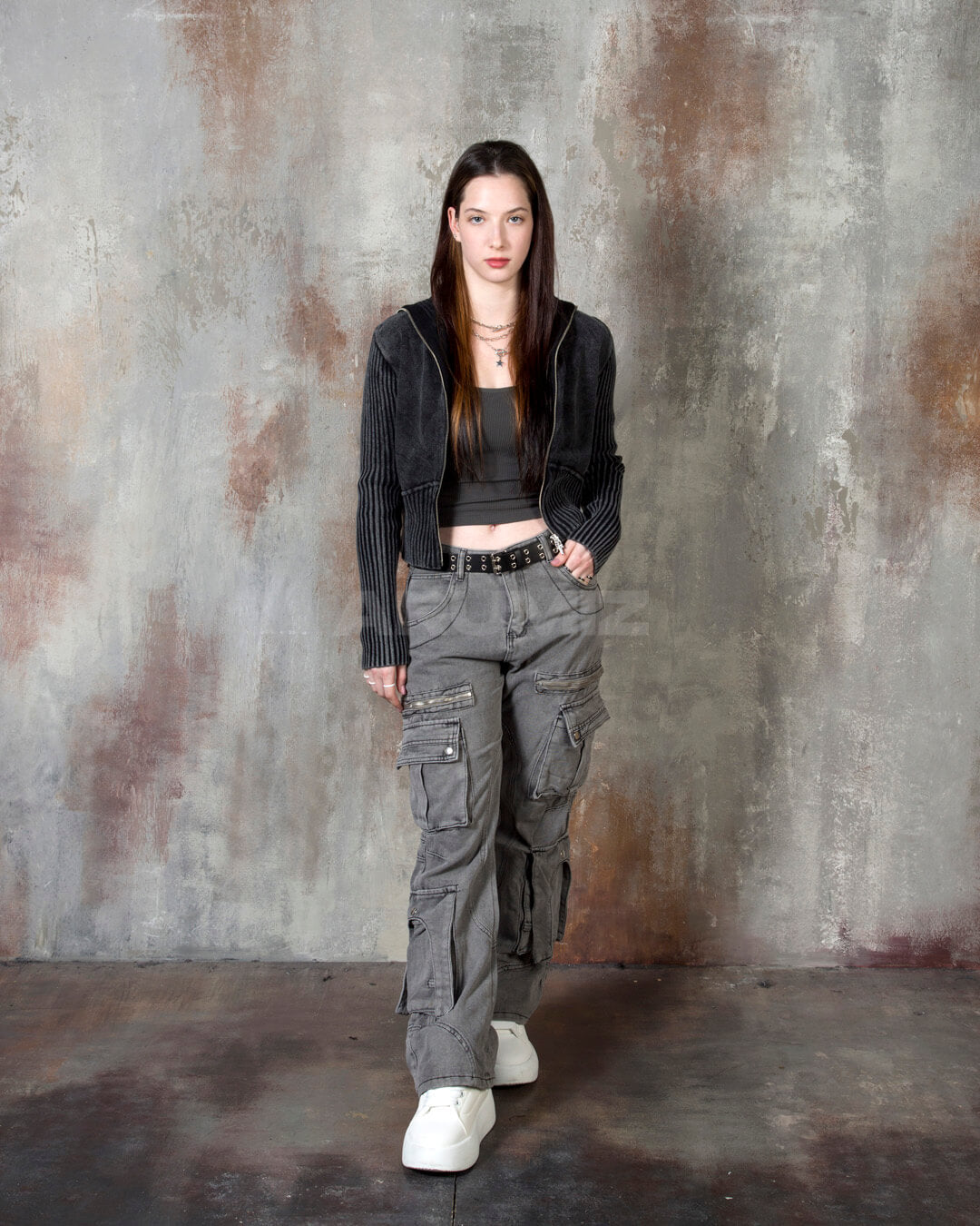 Vintage Washed Zipper Cargo Bootcut Pants