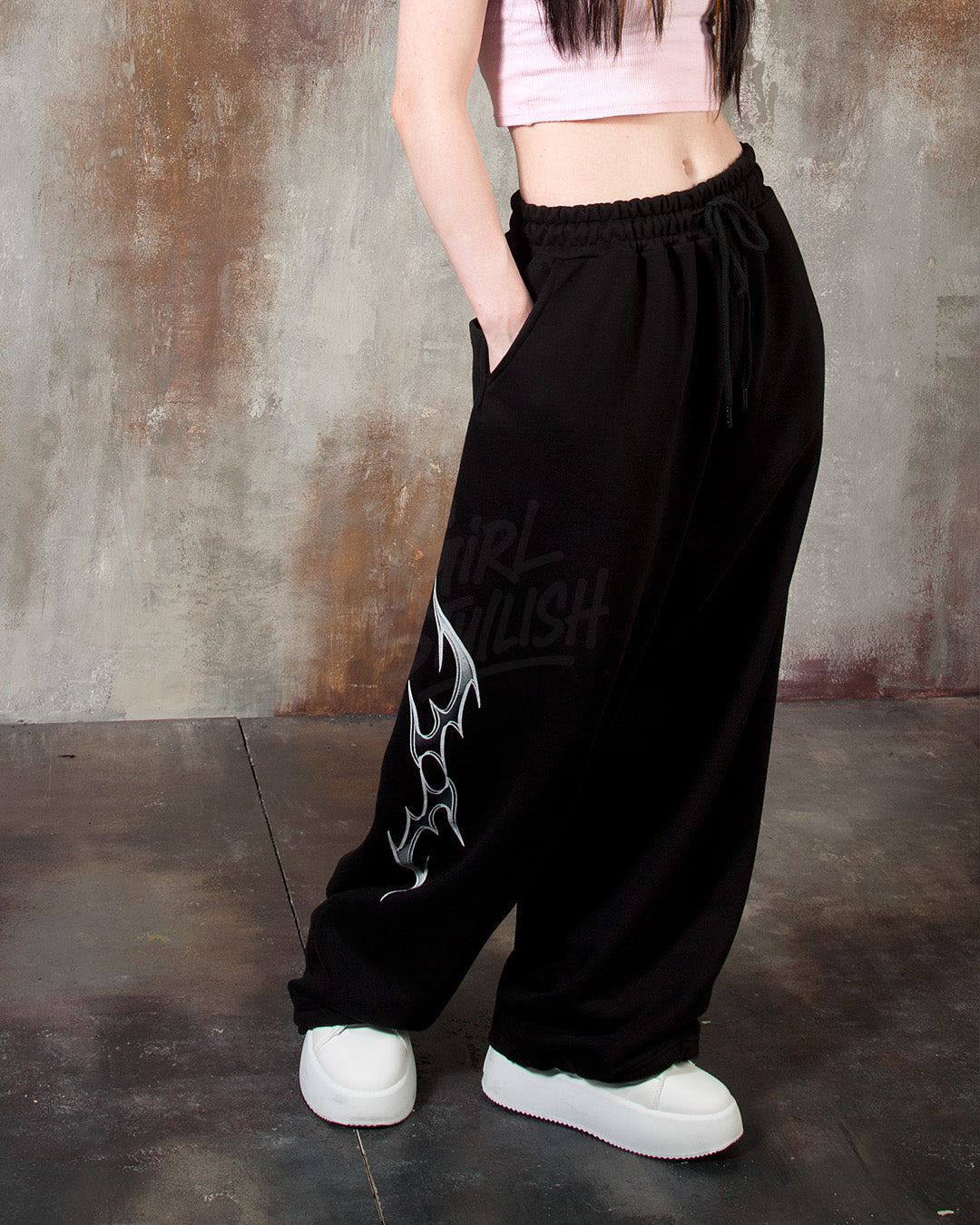 Black Tribal Print Drawstring Wide-Leg Pants