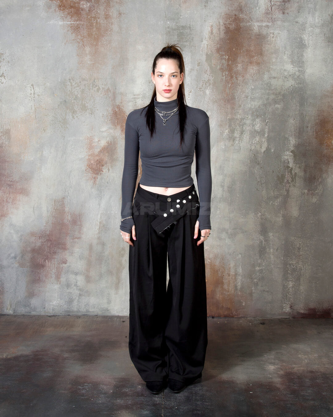 Stud Button Belt Pintuck Wide-Leg Slacks Pants