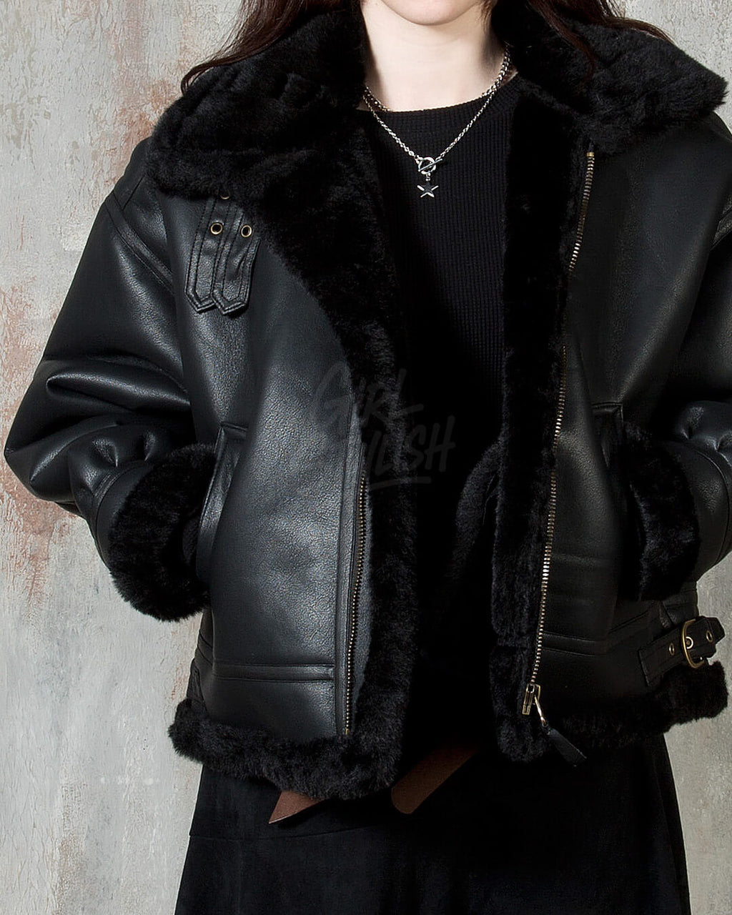 Black Oversized Shearling Leather Jacket