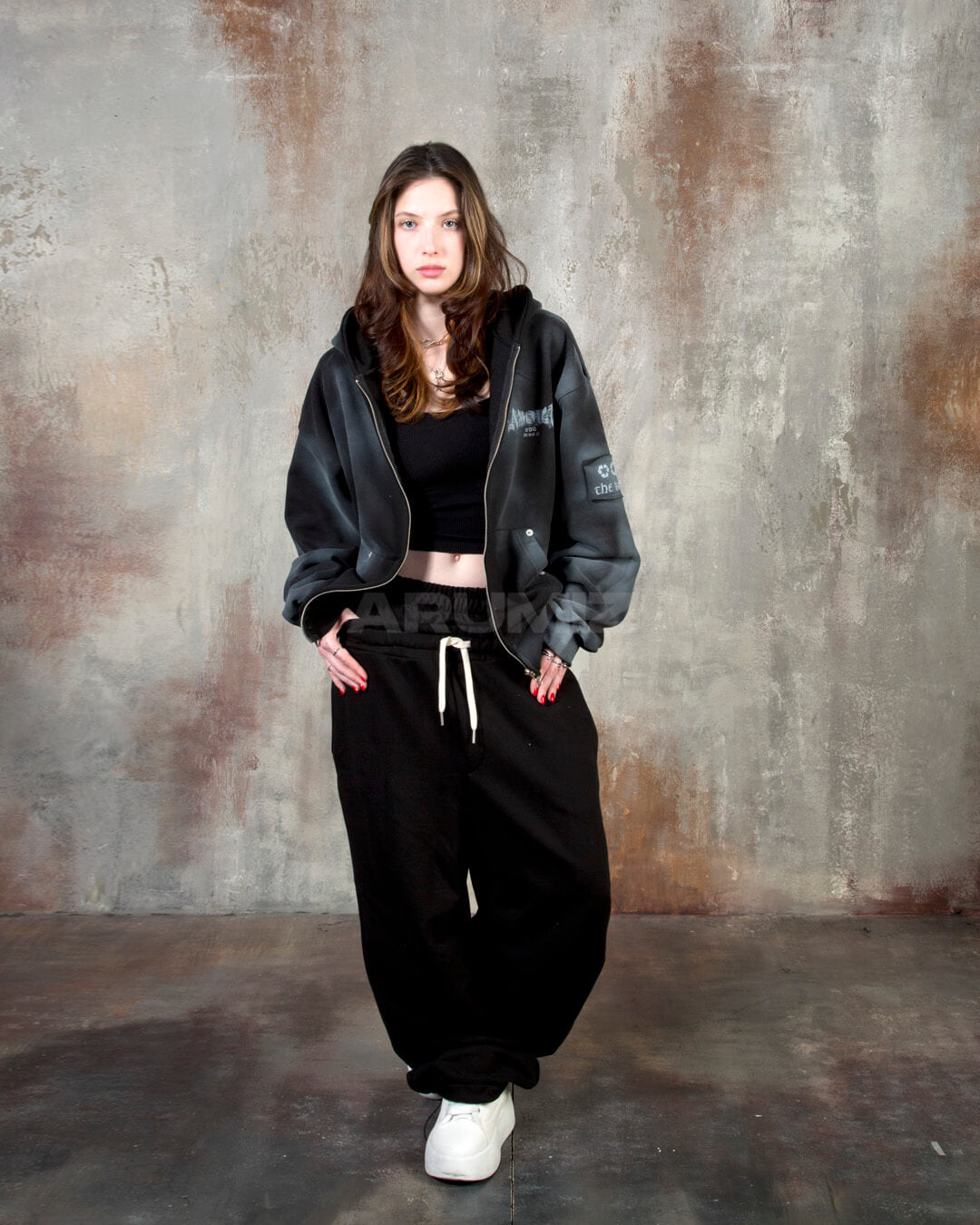 Contrast Drawstring Layered Sagging Wide-Leg Cotton Pants