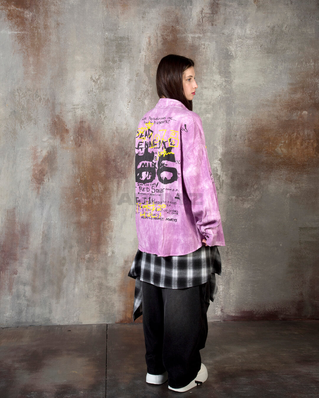 Vintage Washed Graffiti Print Oversized Cotton Shirt