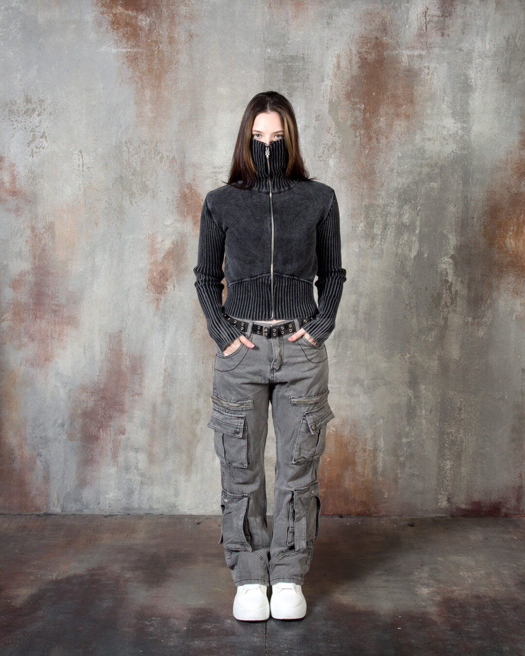 Vintage Washed Rib Knit High-Neck Cropped Zip-Up Jacket