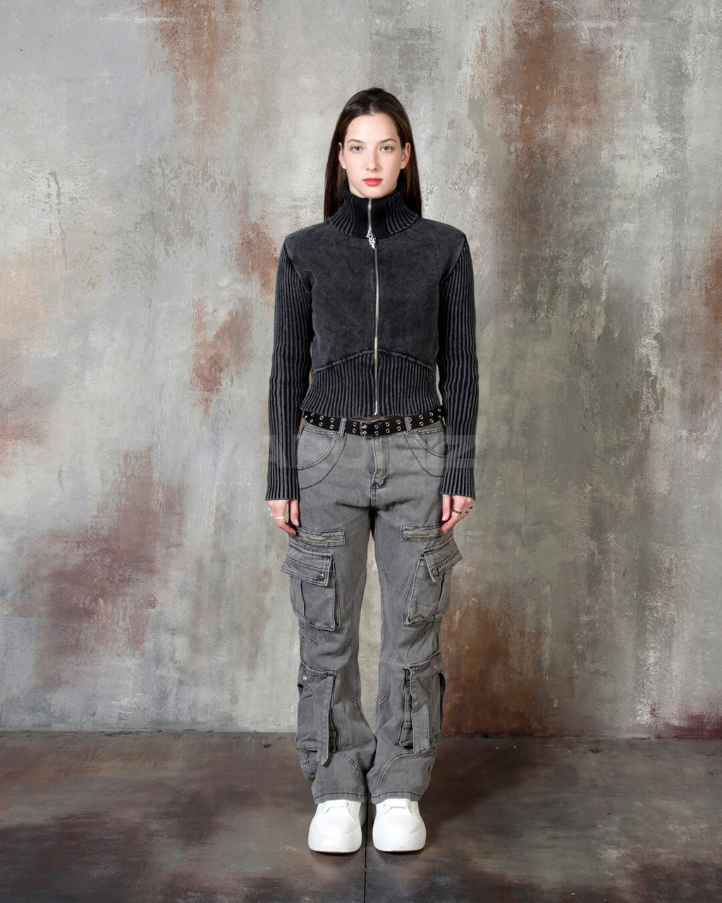 Vintage Washed Zipper Cargo Bootcut Pants