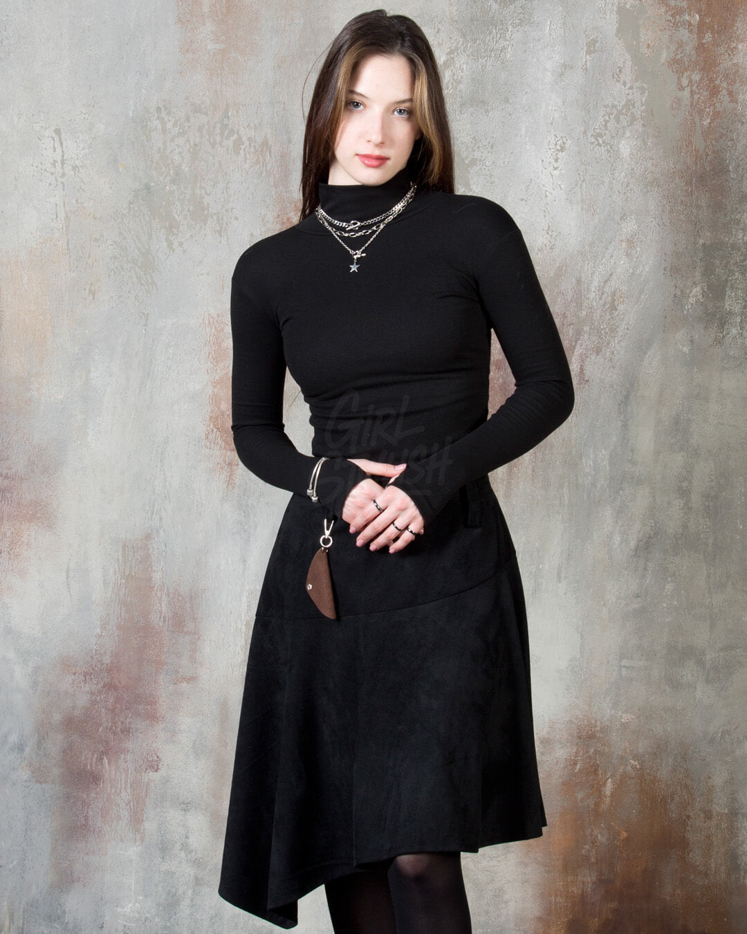 Asymmetric Suede Flared Belt Skirt