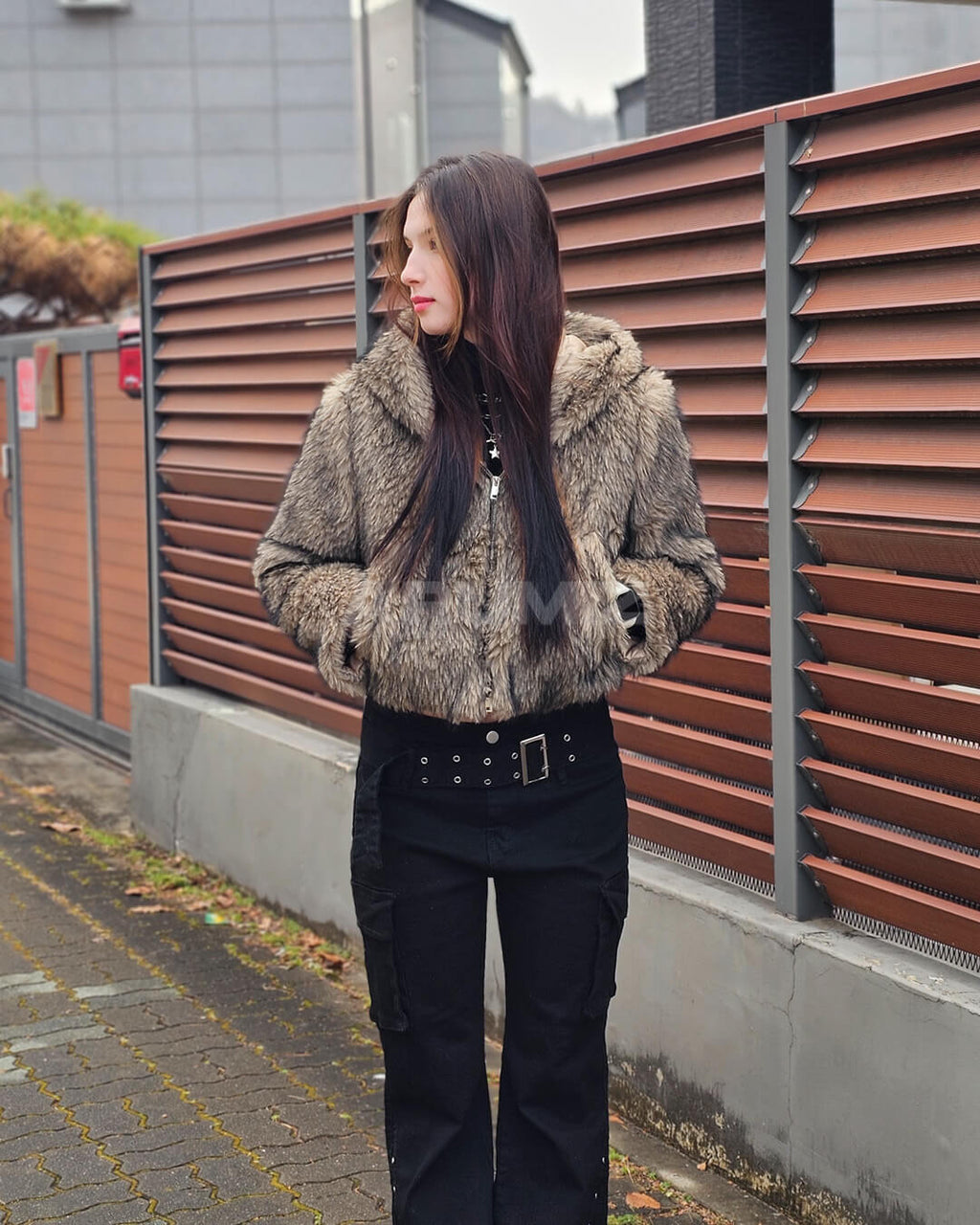 Wolf Faux Fur Hooded Cropped Jacket