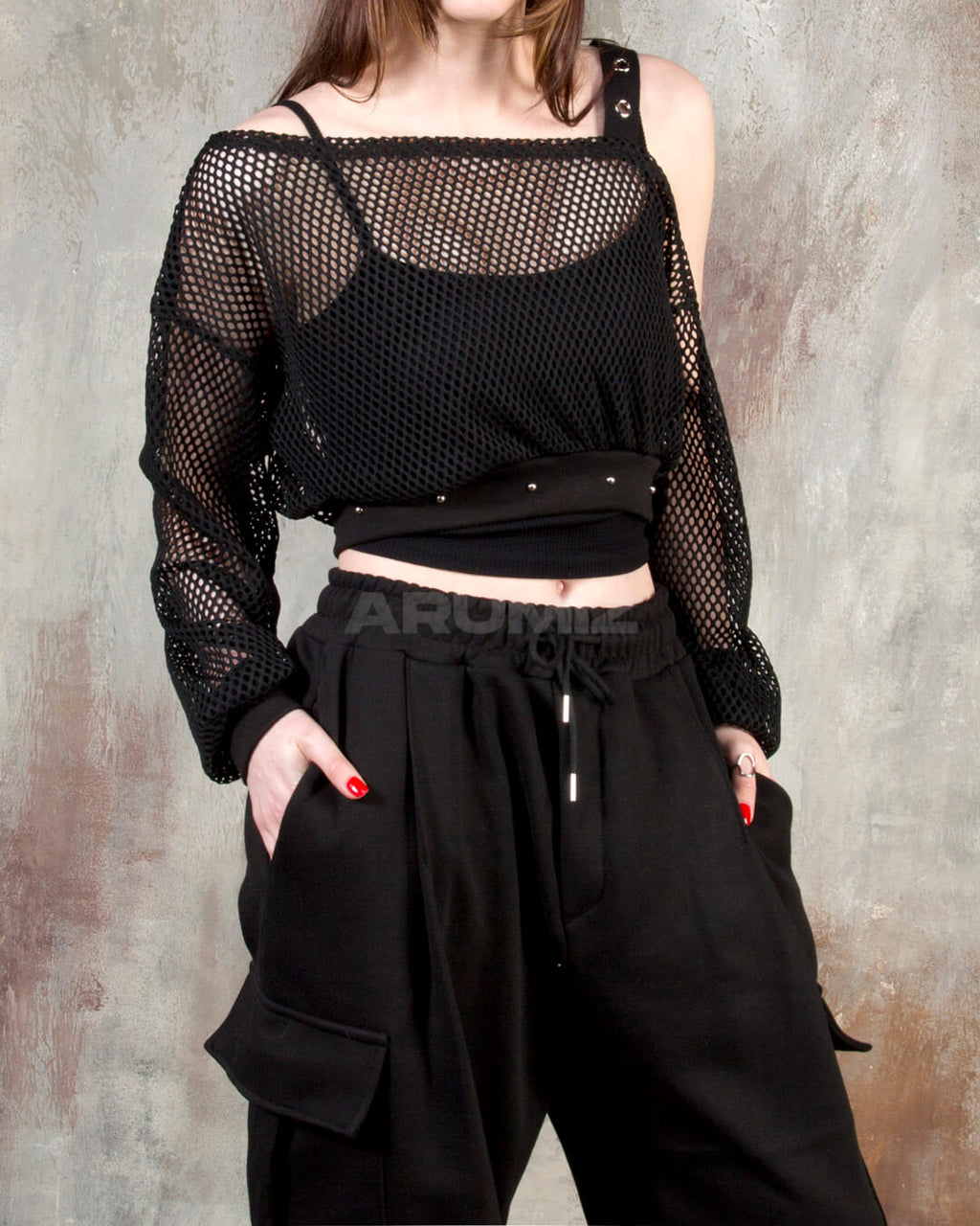 Eyelet Strap Mesh Sheer Off-Shoulder Cropped Top