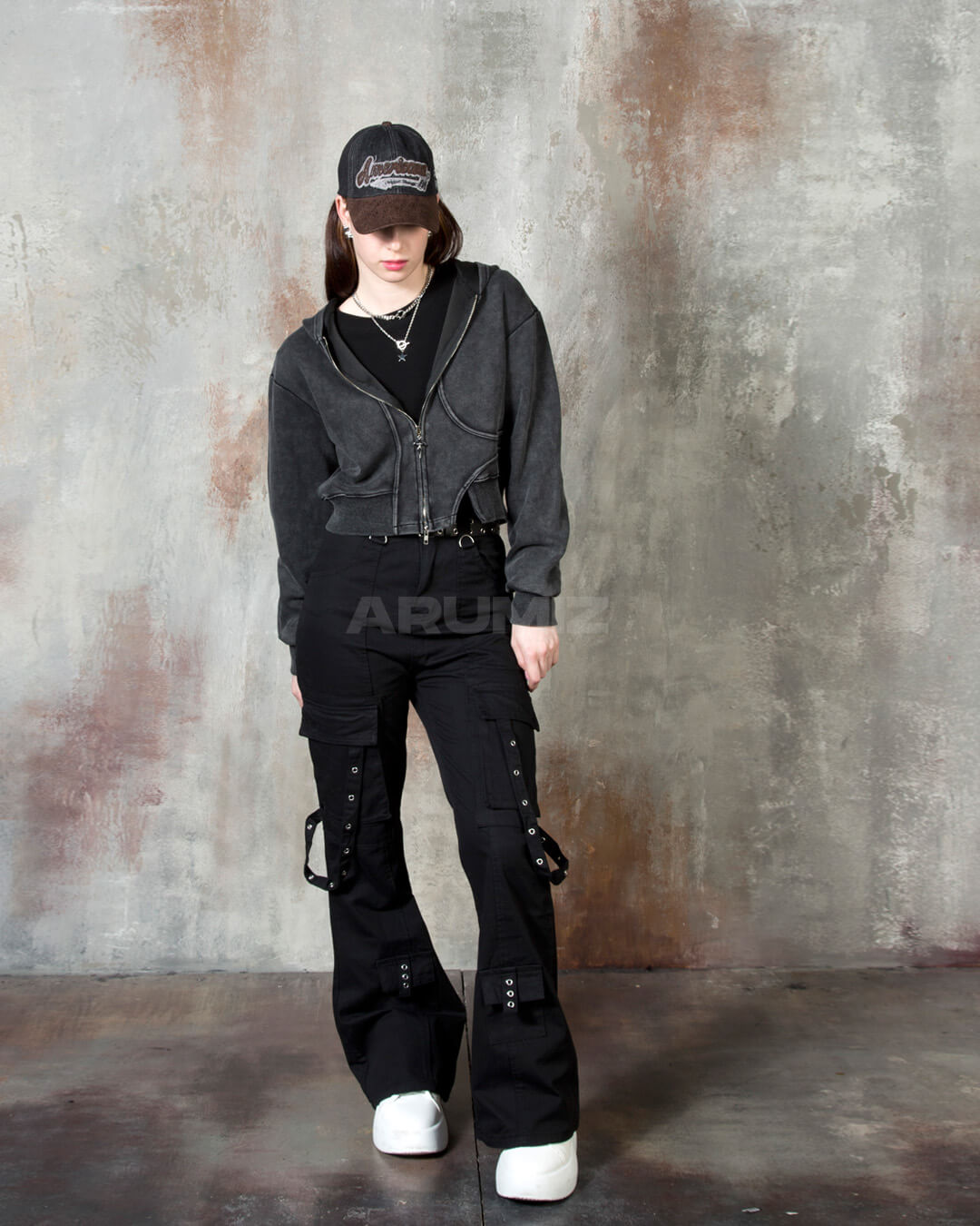 Vintage Washed Asymmetric Panel Crop Zip-Up Hoodie
